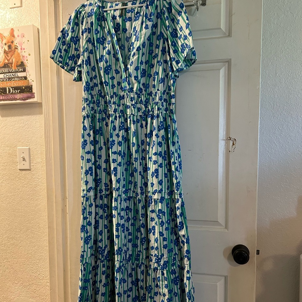 Anthropologie Blue and Green Floral Tiered Maxi Dress